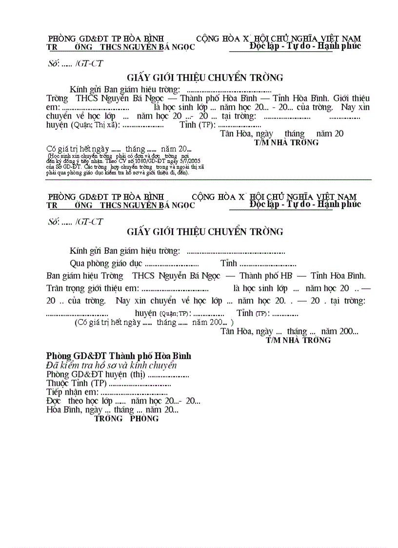 Mẫu giấy giới thiệu chuyển trường