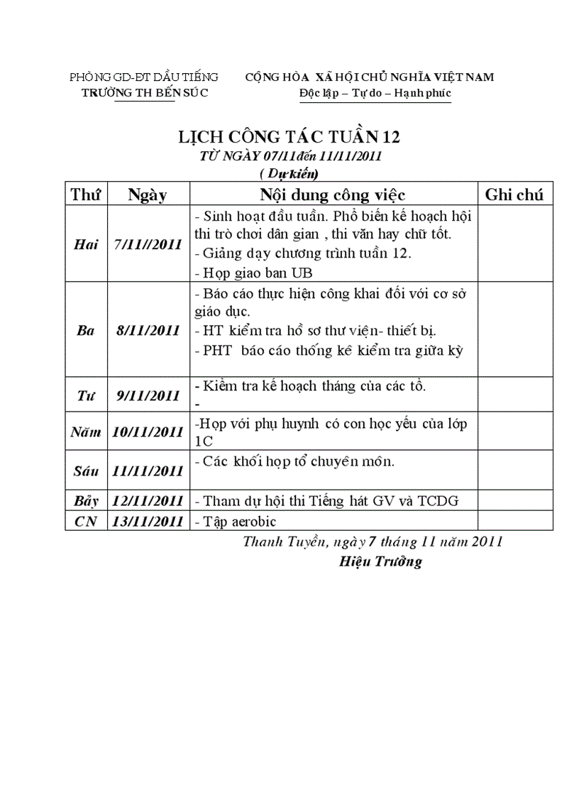 Lịch công tác tuần 12 NH 11 12