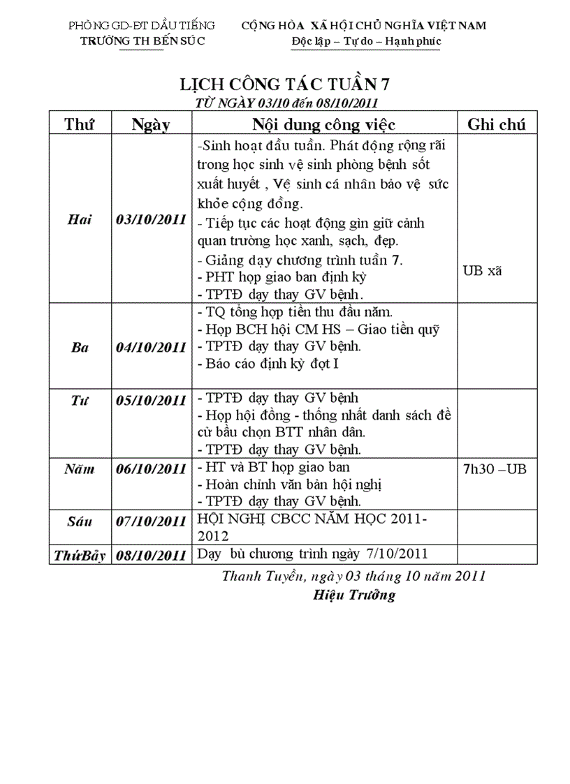 Lịch công tác tuần 7 NH 11 12