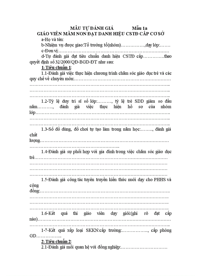 Mẫu tự đánh giá CSTĐ cấp cơ sở GV mầm non