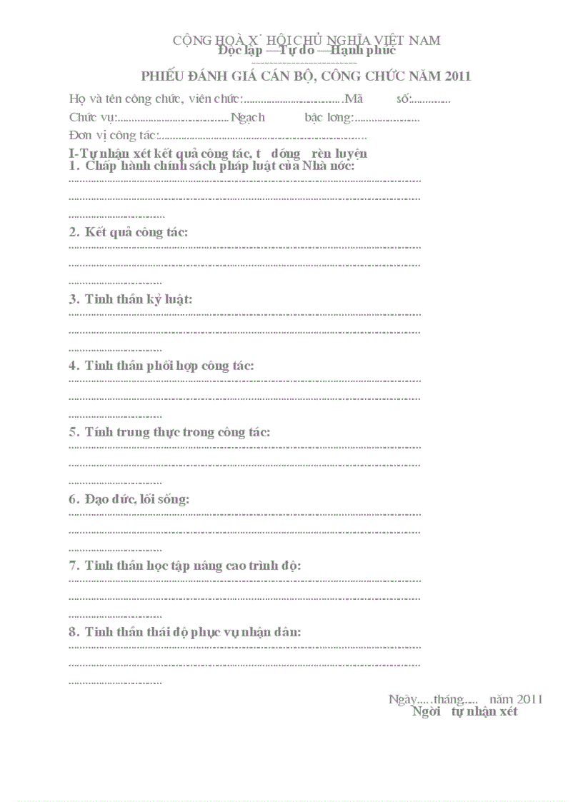 Mẫu phiếu đánh giá giáo viên