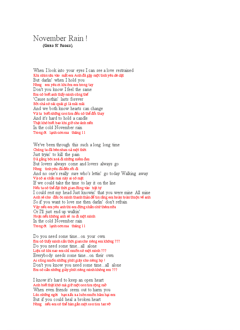 Lyric of November Rain