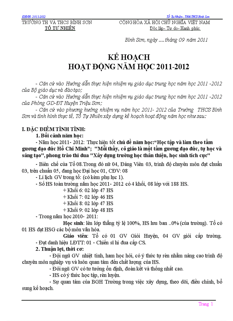 Kế hoạch tổ TN 1