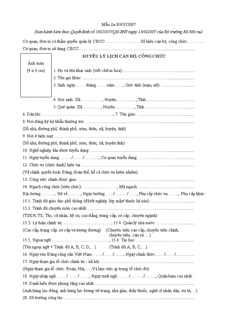 Mẫu 2a BNV 2007 SƠ YẾU LÝ LỊCH CÁN BỘ CÔNG CHỨC