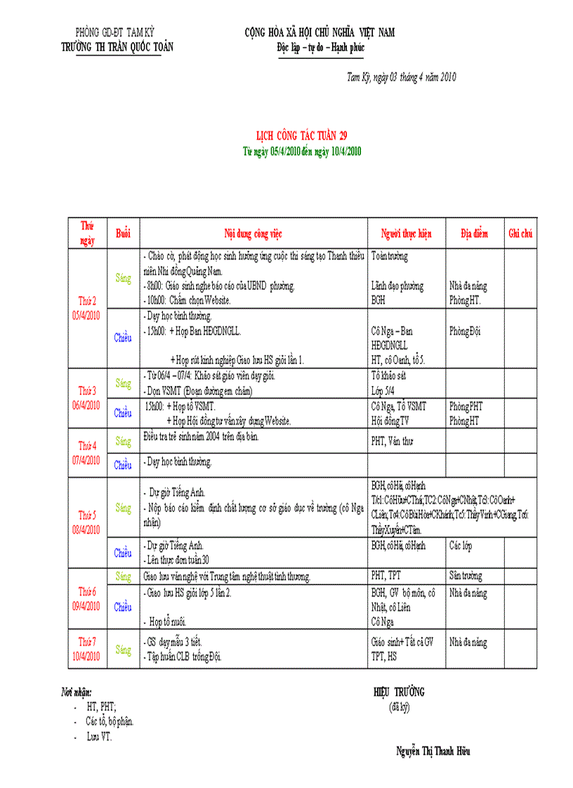 Lịch công tác tuần 29