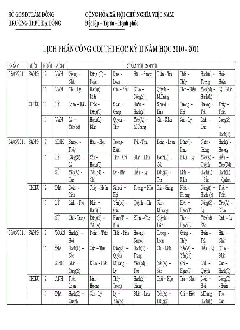 Lịch coi thi học kỳ ii