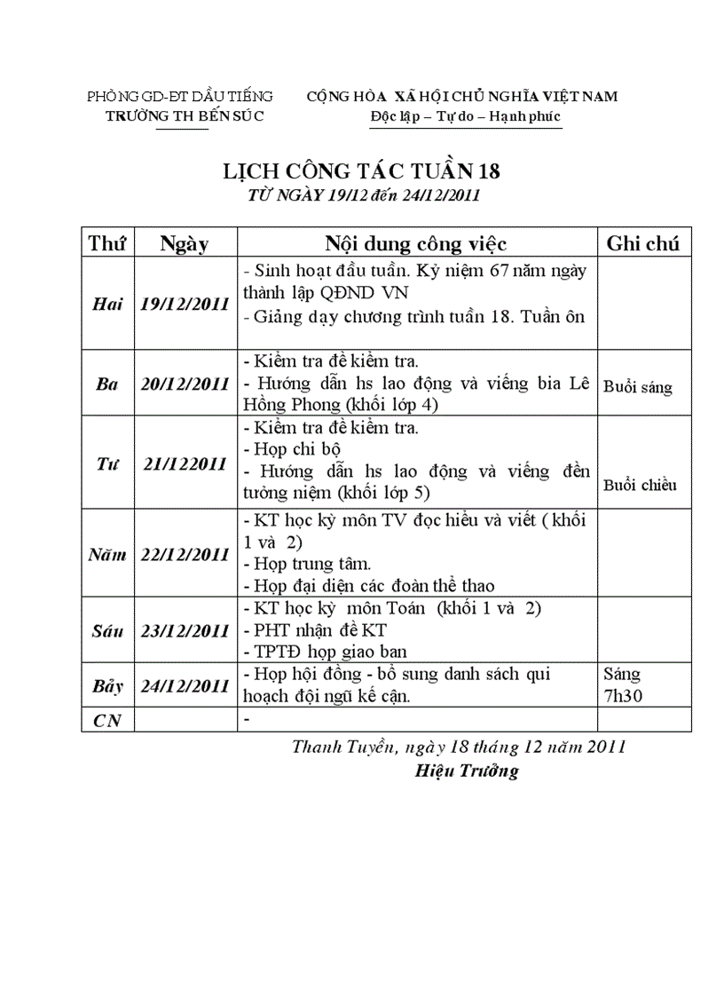 Lịch công tác tuần 18 NH 11 12