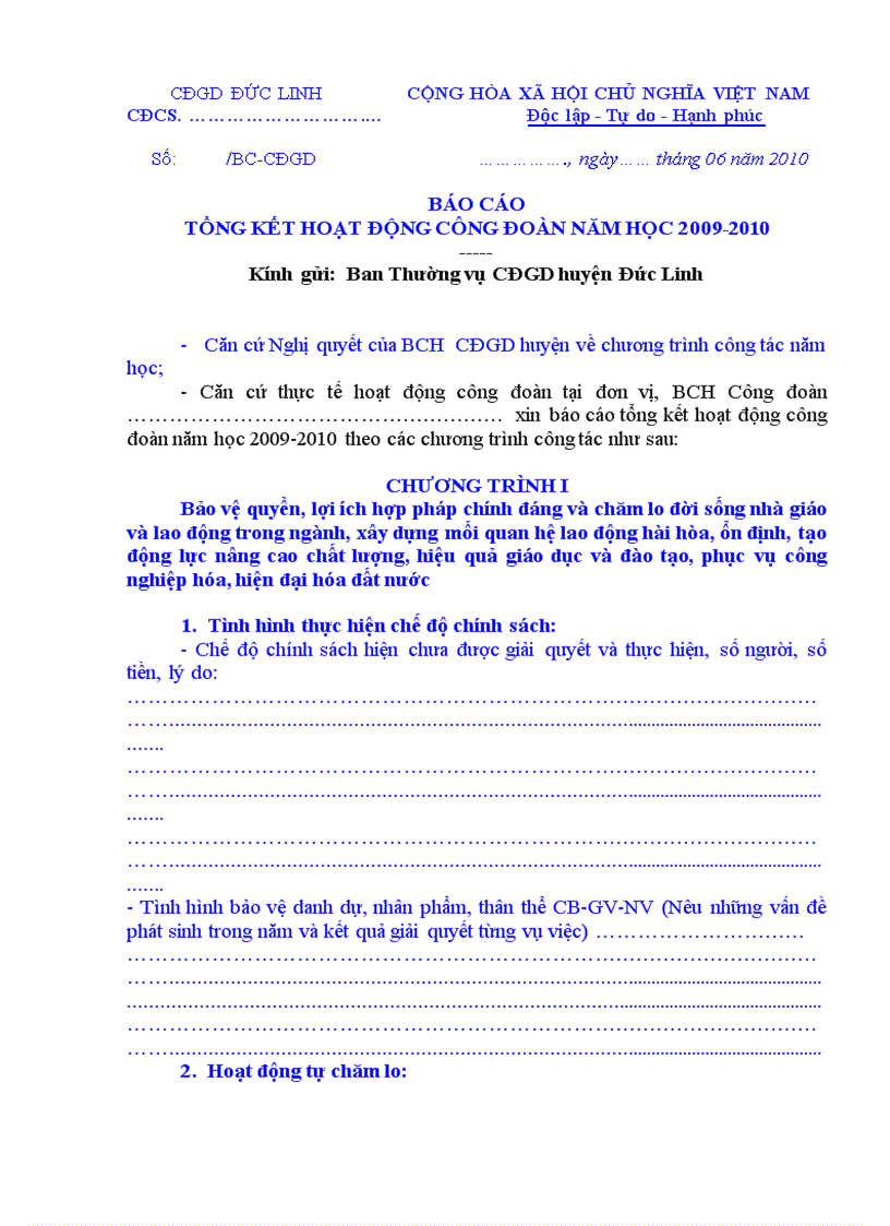 Mẫu báo cáo tổng kết công đoàn năm học 2009 2010