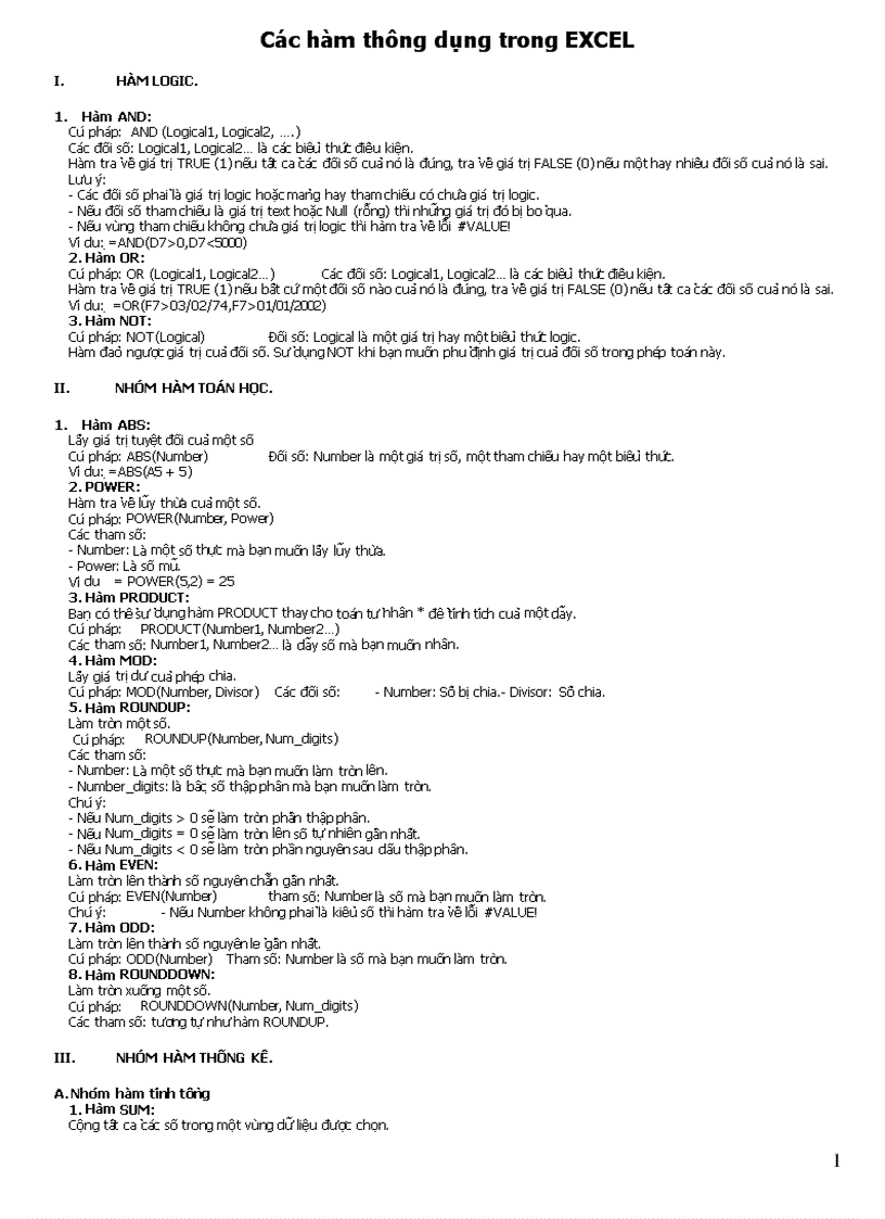 Một số hàm thông dụng trong excel