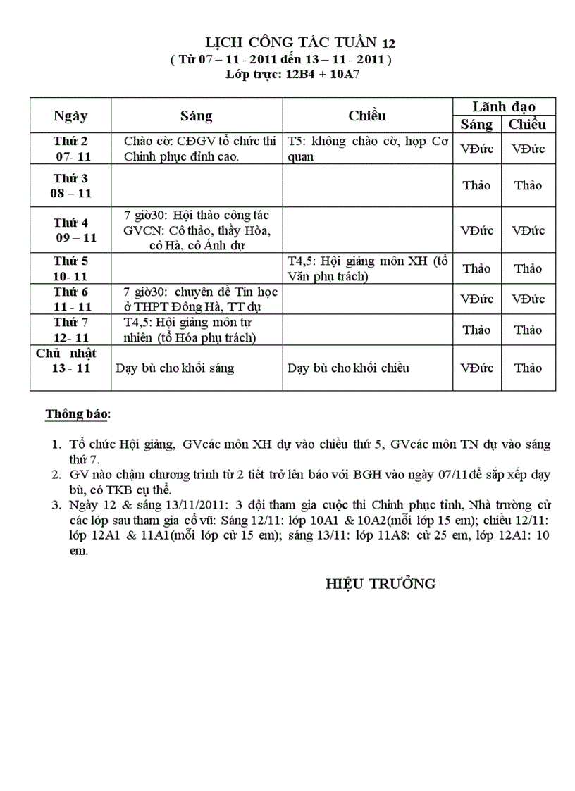 Lịch công tác tuần 12