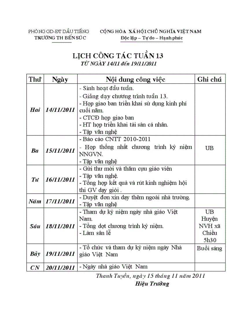 Lịch công tác tuần 13 NH 11 12