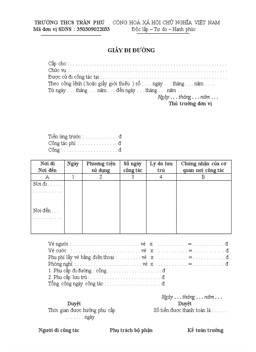 Mẫu giấy đi đường mới
