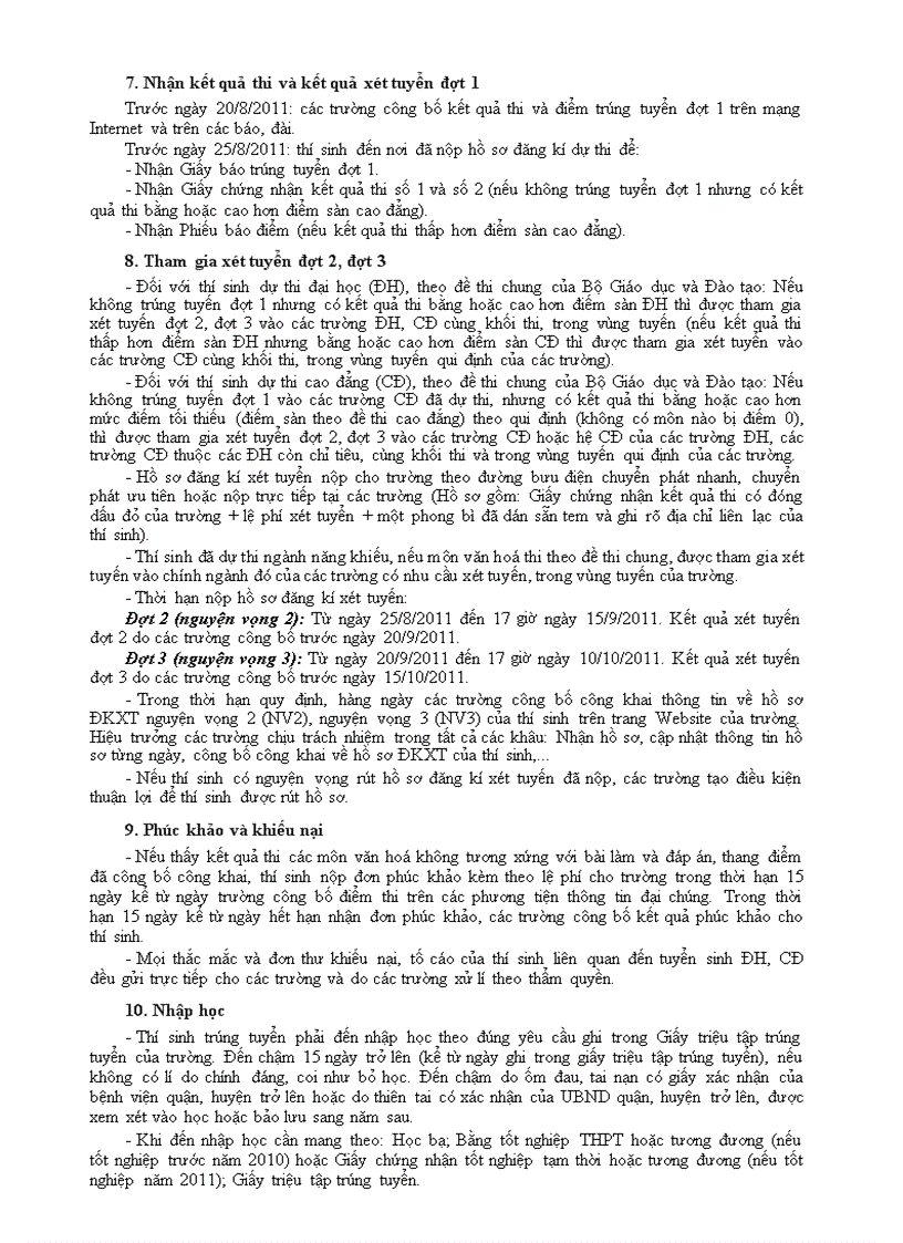 Một số mốc thời gian về nhận kết quả và đăng kí NV2 NV3 Tuyển sinh ĐH CĐ 2011