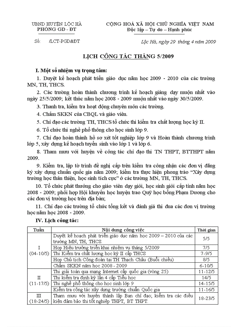 Lich cong tac thang 5 nam 2009