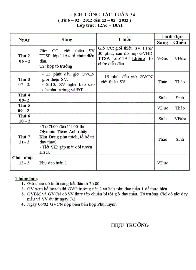 Lịch công tác tuần 24