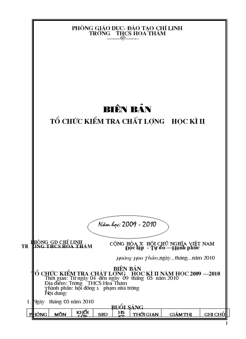 Mẫu Biên bản kiểm tra học kì II THCS