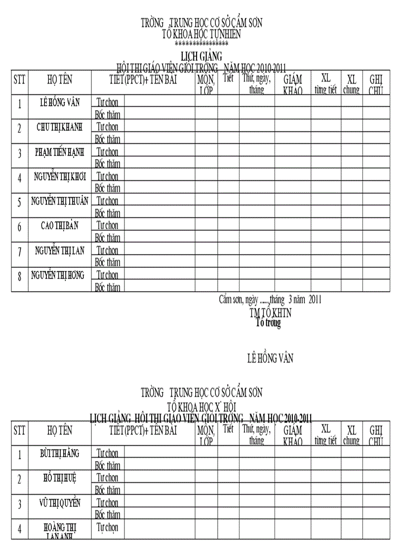 Lịch giảng hội thi giáo viên giỏi trường