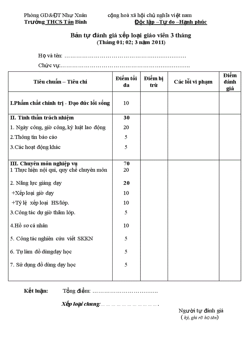 Mẫu danh gia 3 tháng của GV