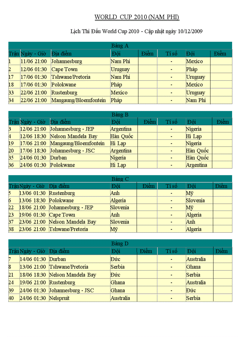 Lịch thi đáu VCK World 2010