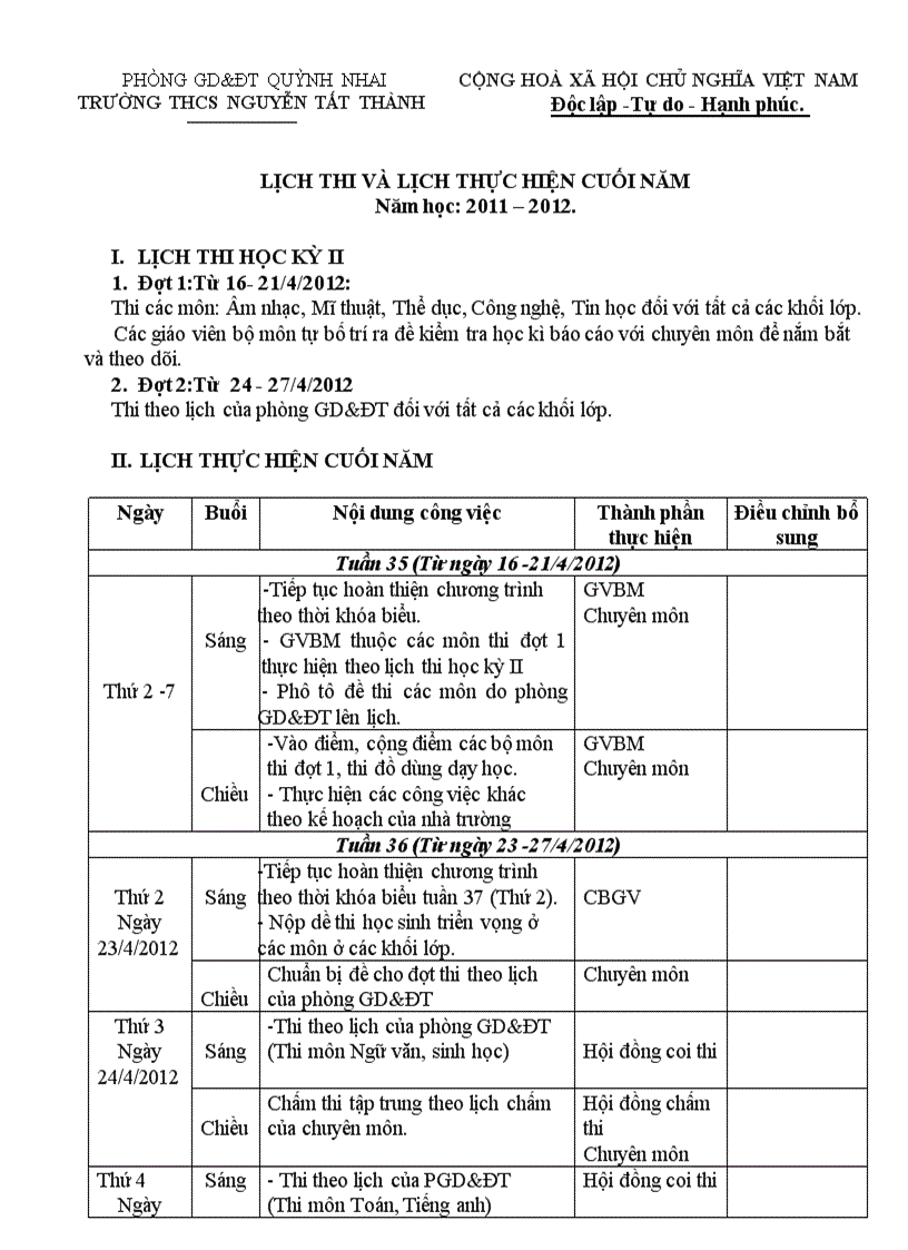 Lịch thi và lịch cuối năm nh 2011 2012