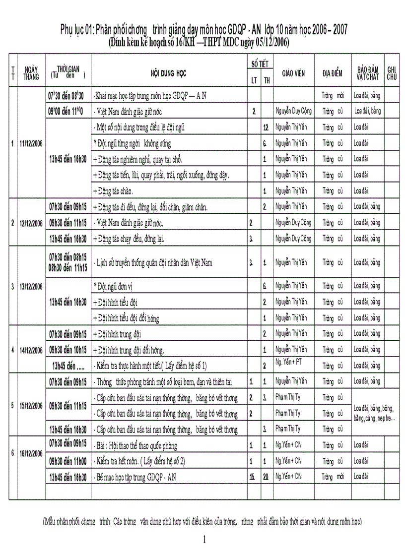 Lịch học GDQP khối 10