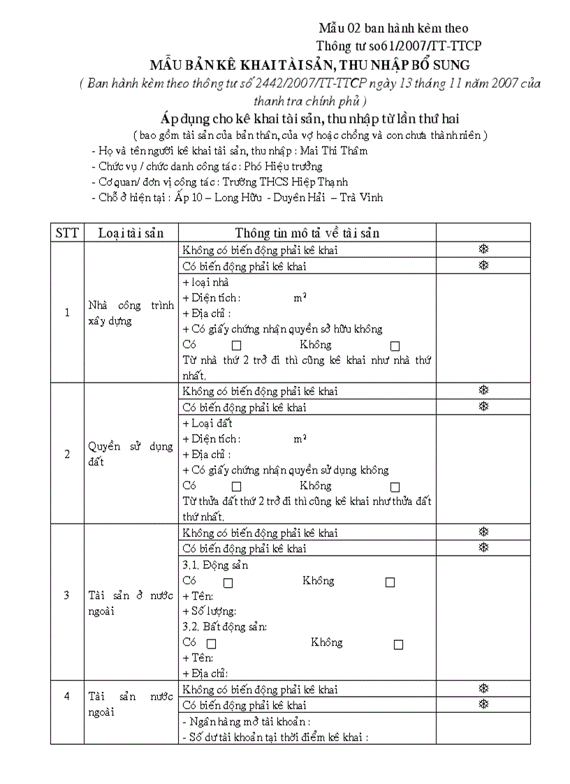 Mau ke khai tai san thu nhap bo sung