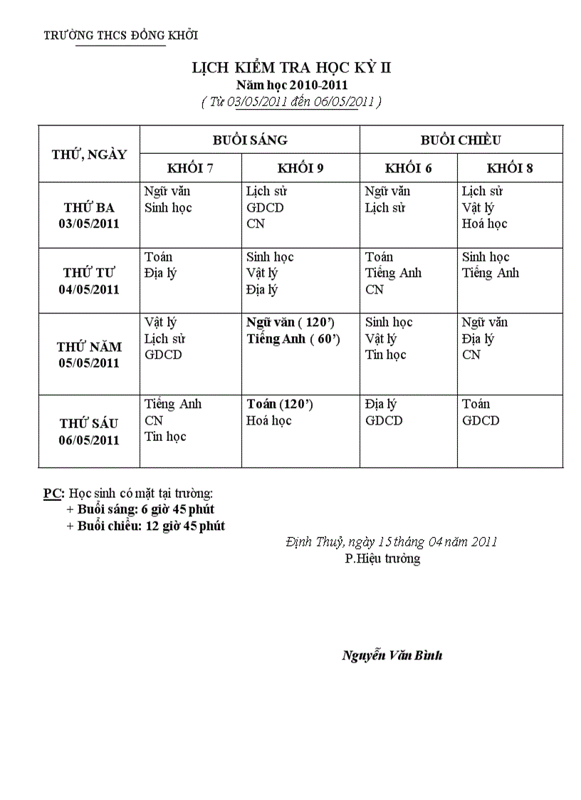 Lich thi hoc kỳ ii 2010 2011