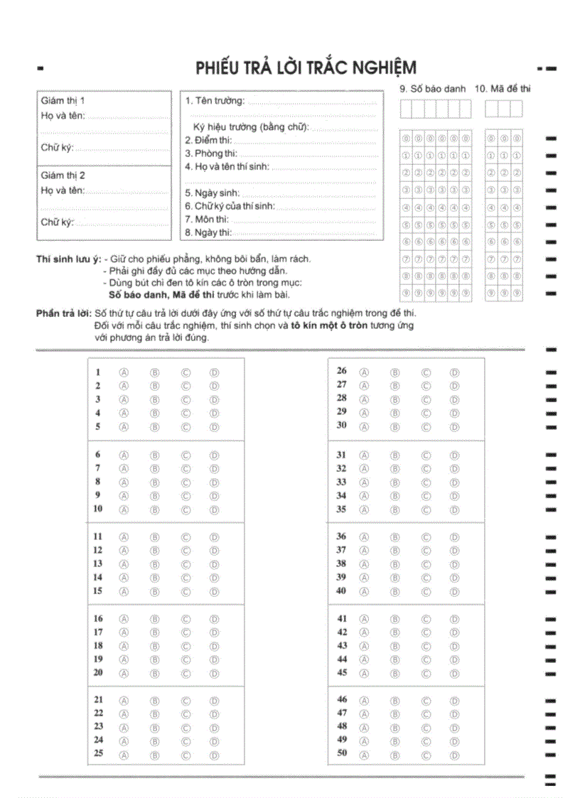 Mẫu phiếu trả lời trắc nghiệm 50 câu