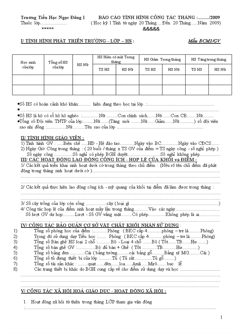 Mẫu báo cáo tháng của GVCN lớp về cho BGH tháng