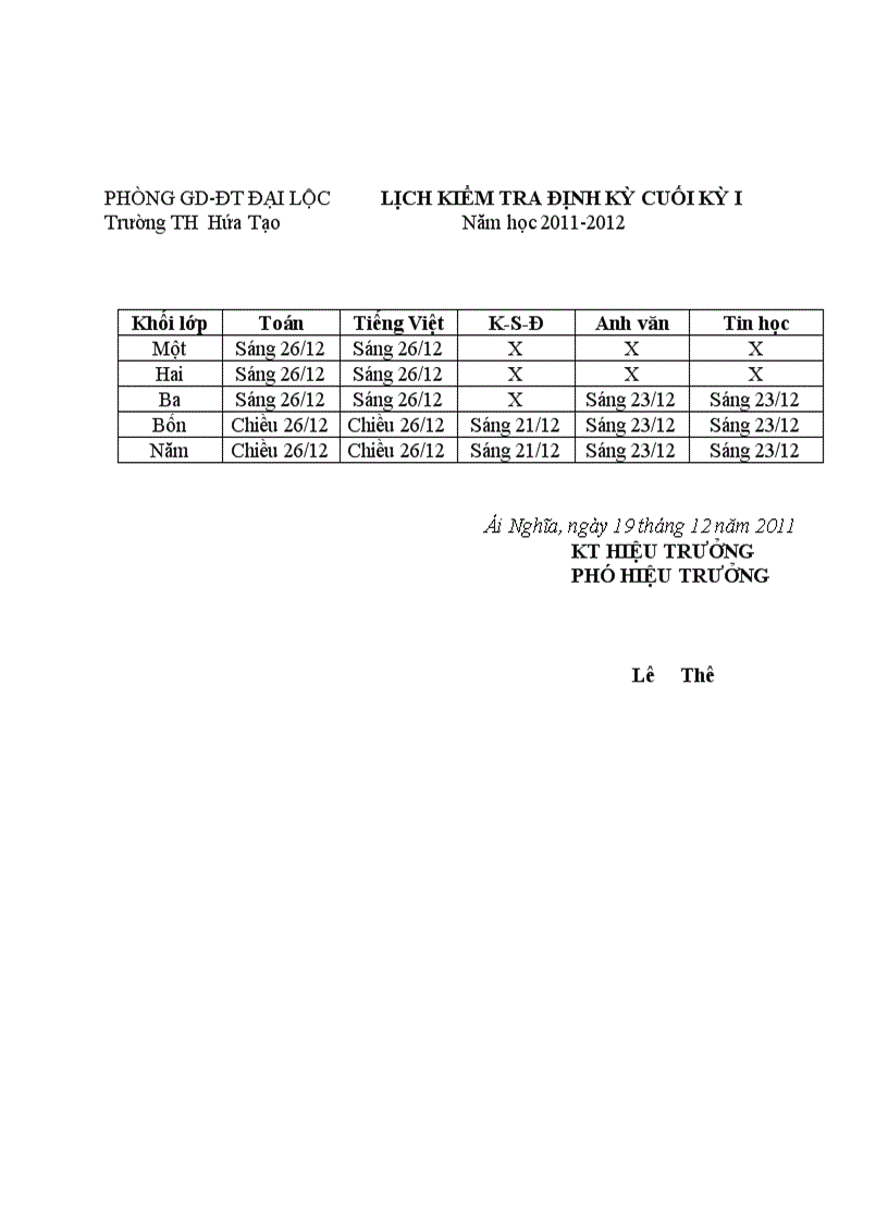 Lịch KTĐK CKI 2011 2012