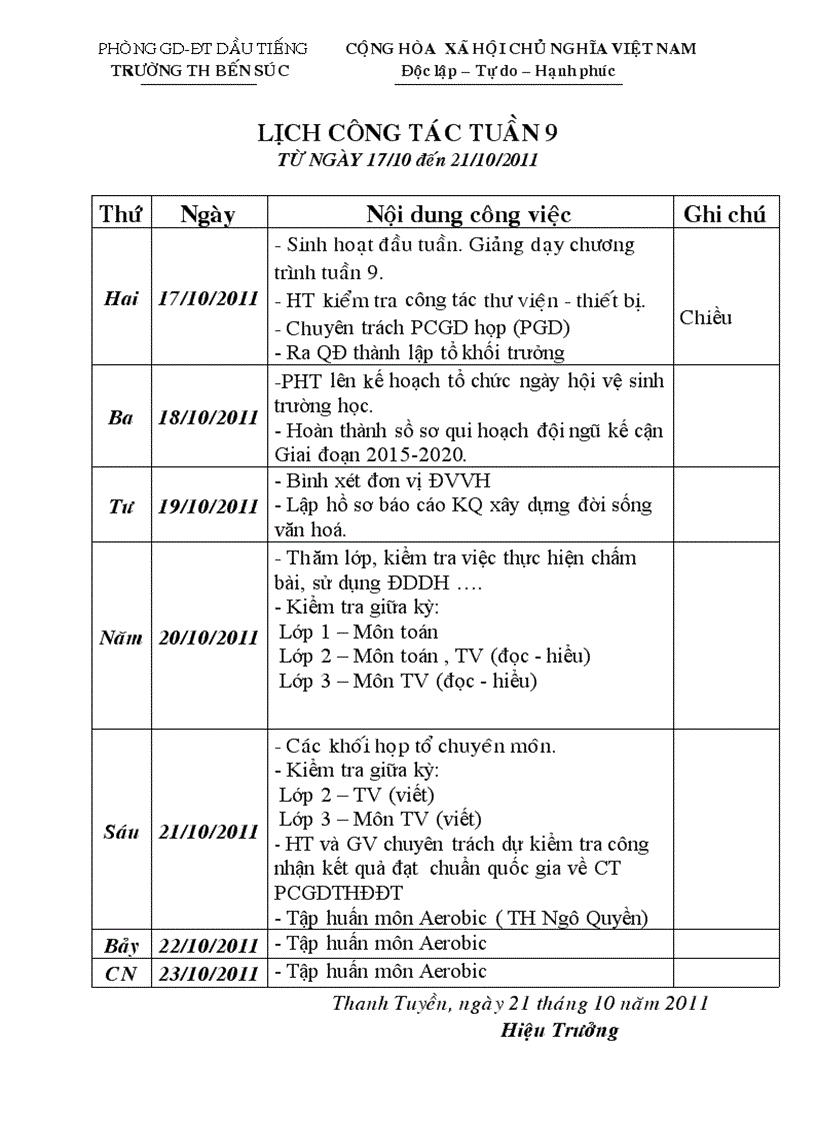 Lịch công tác tuần 9 NH 11 12