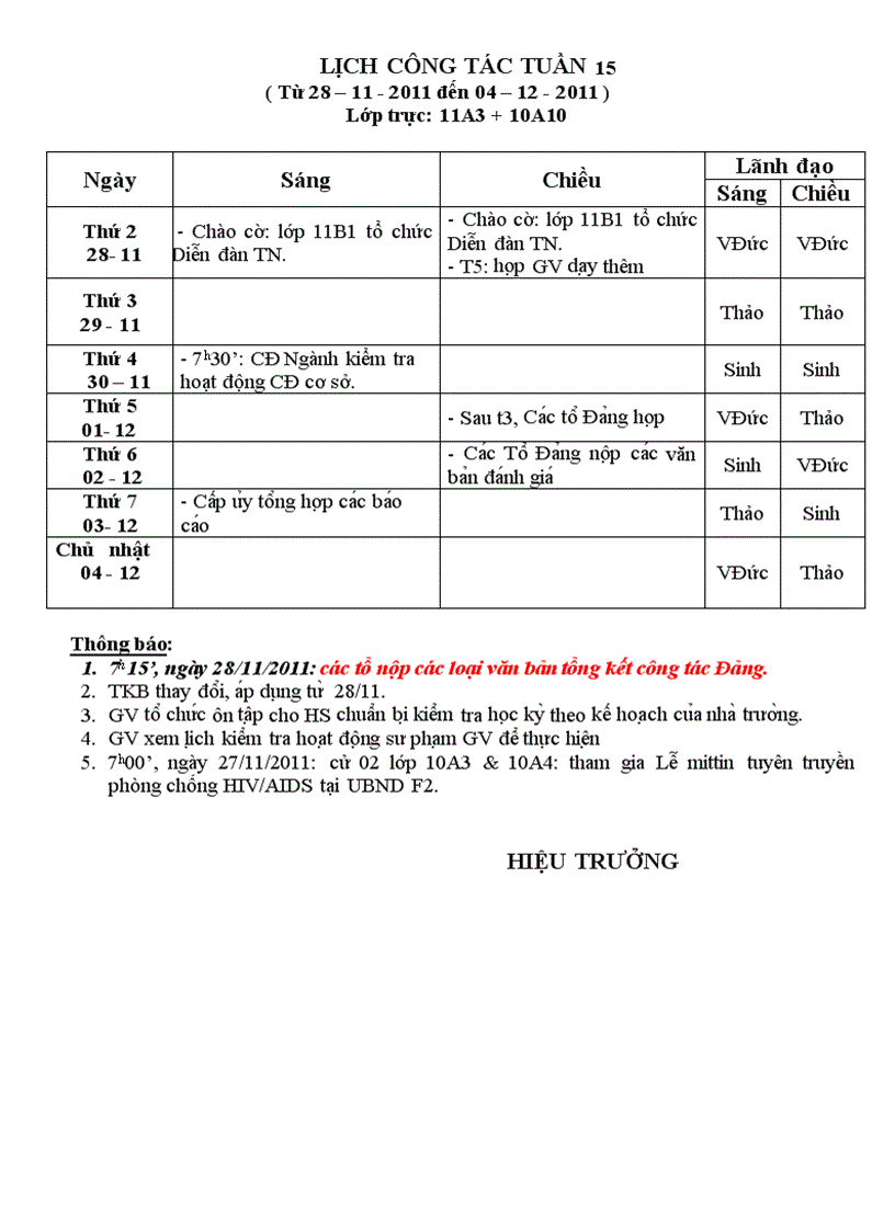 Lịch công tác tuần 15