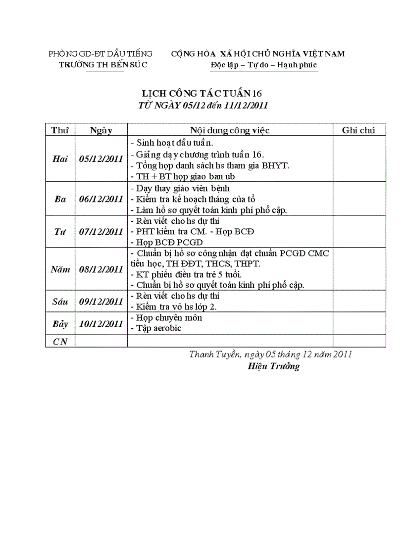 Lịch công tác tuần 16 NH 11 12