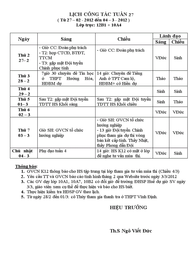 Lịch công tác tuần 27