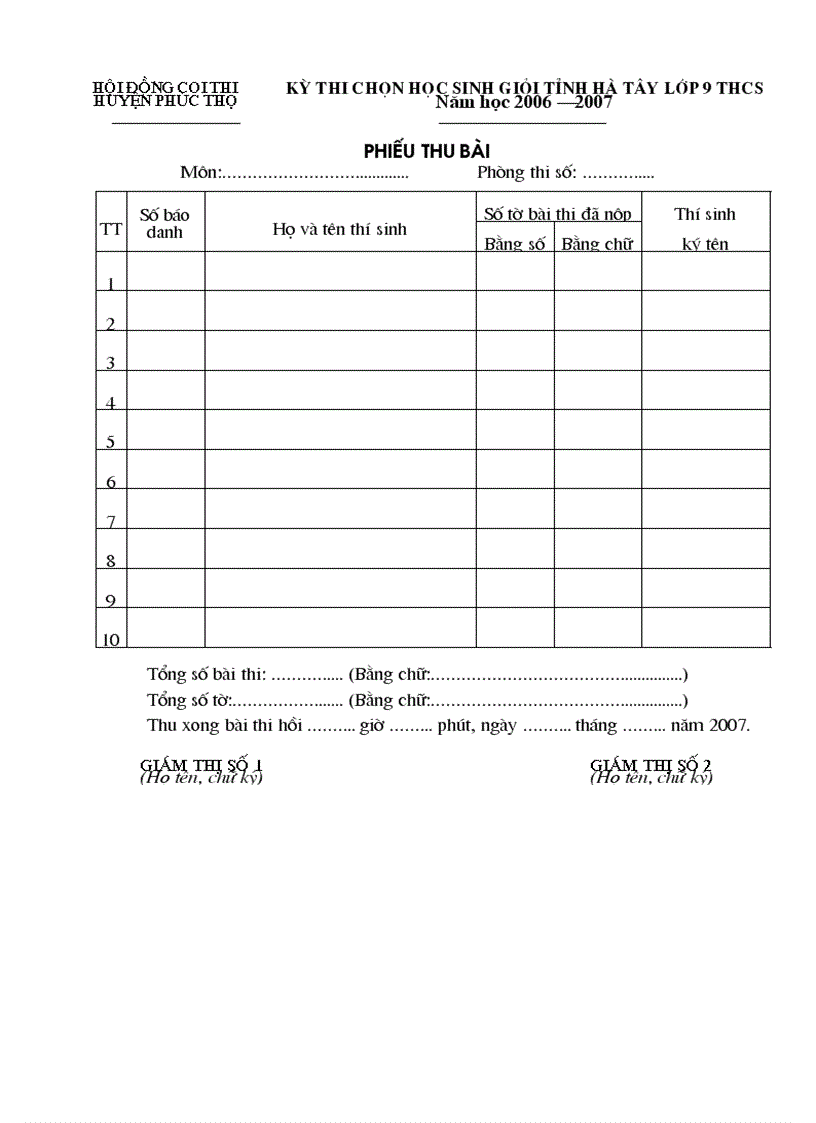 Mẫu phiếu thu bài thi