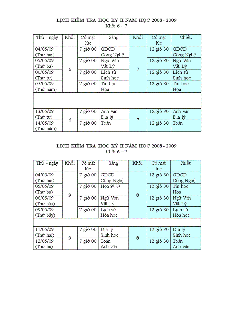 Lịch thi HKII năm học 2008 2009
