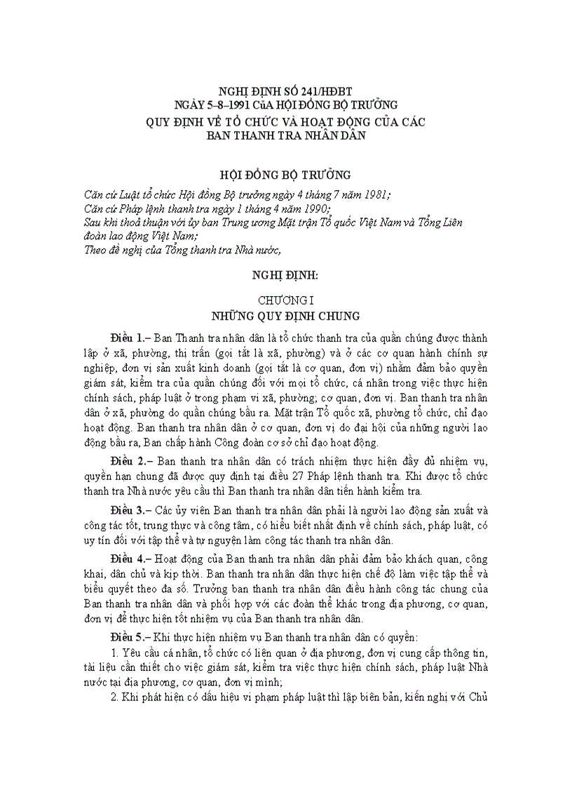 ND241 1991 HDBT to chuc hoat dong ban TTr ND