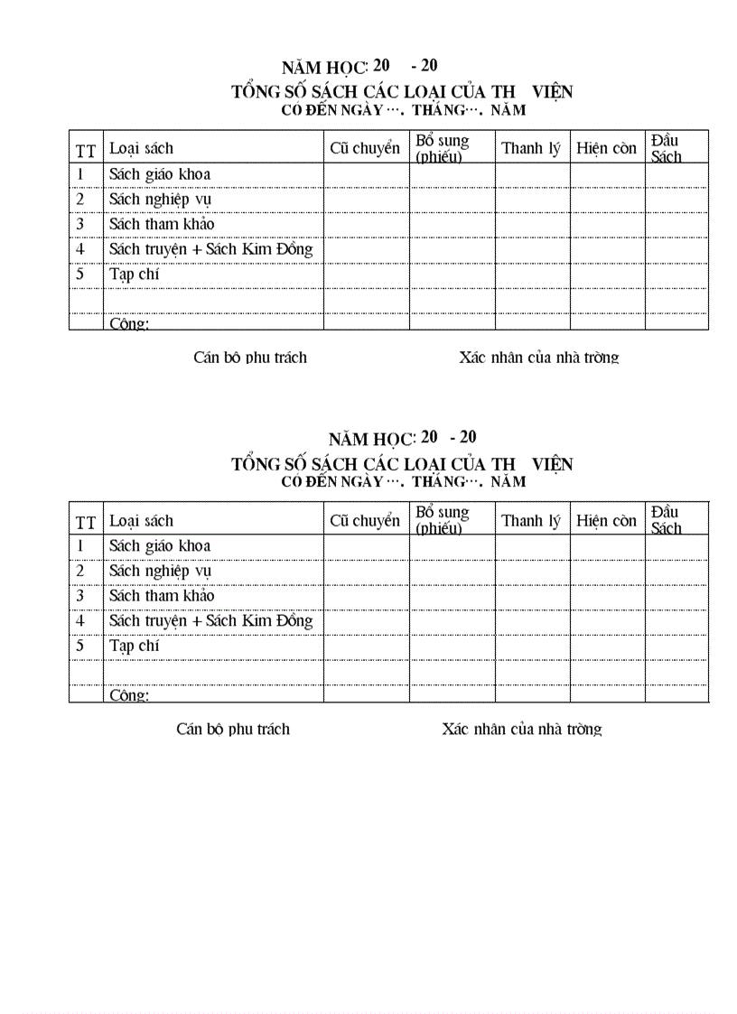 Mẫu sổ tổng hợp sách thư viện