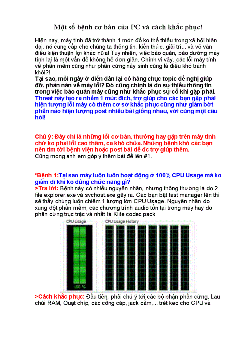 Một số bệnh cơ bản của PC và cách khắc phục