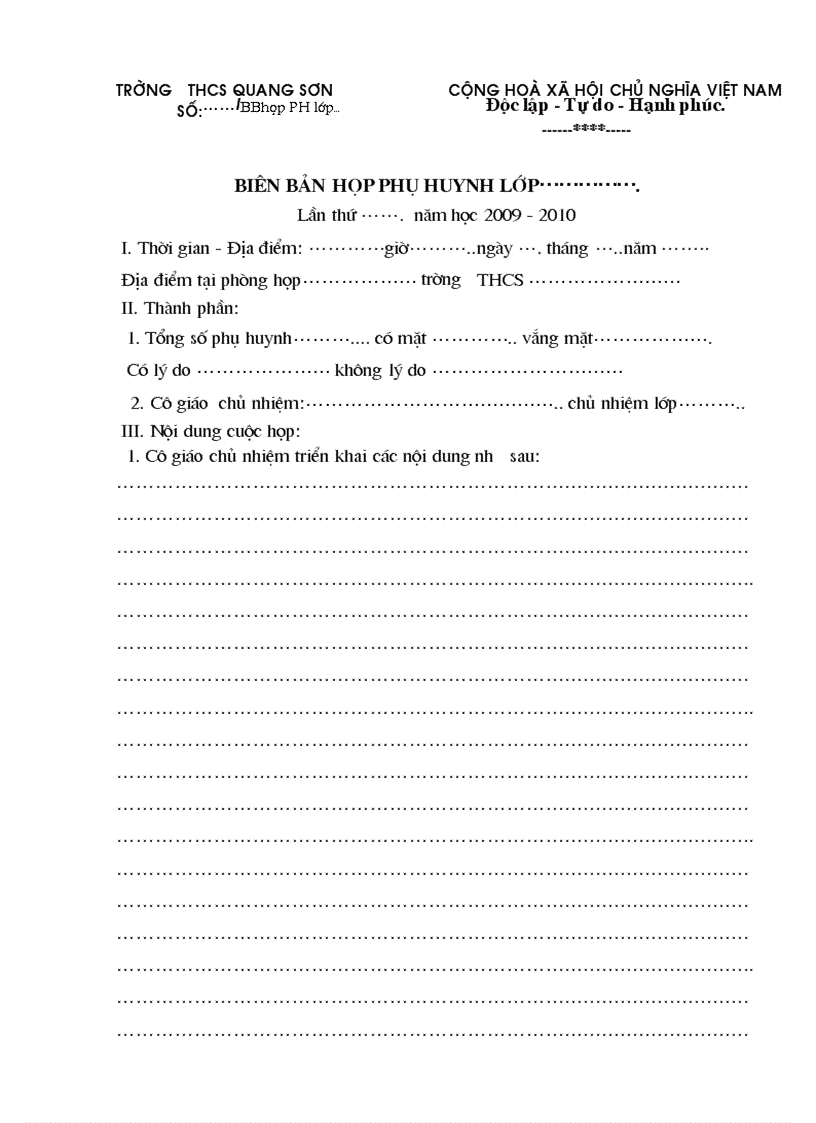 Mẫu biên bản họp phụ huynh các lóp