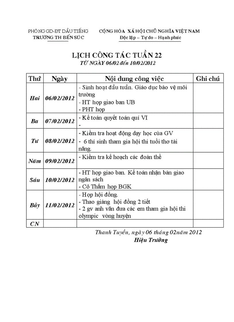 Lịch công tác tuần 22 NH 11 12