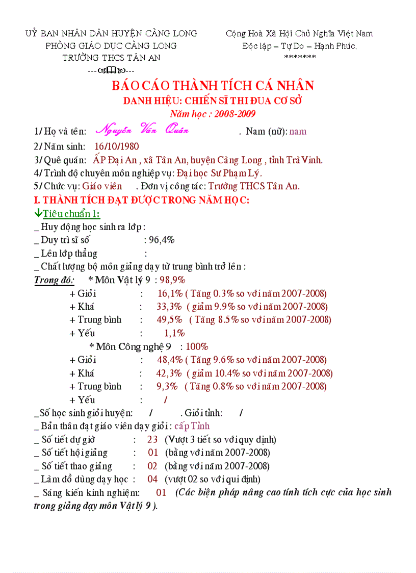 Mẫu báo cáo thành tích cá nhân 2008 2009