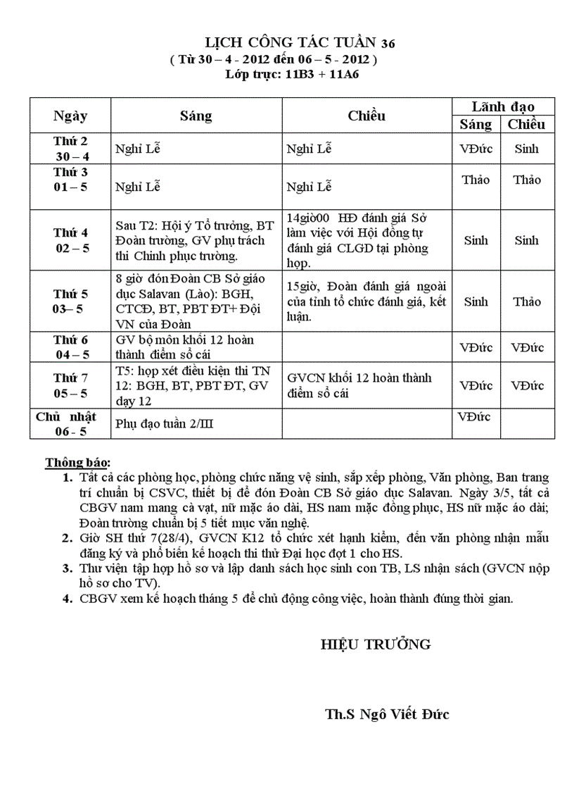 Lịch công tác tuần 36