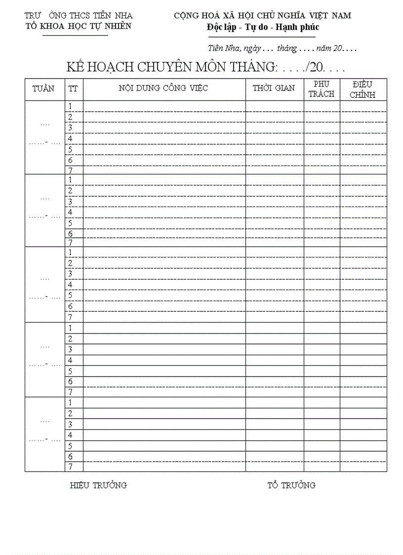 Mẫu kế hoạch tháng tổ chuyên môn