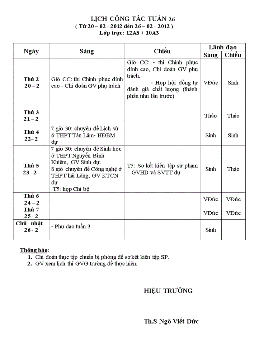 Lịch công tác tuần 26