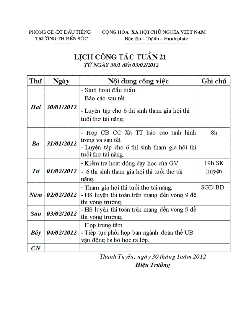 Lịch công tác tuần 21 NH 11 12