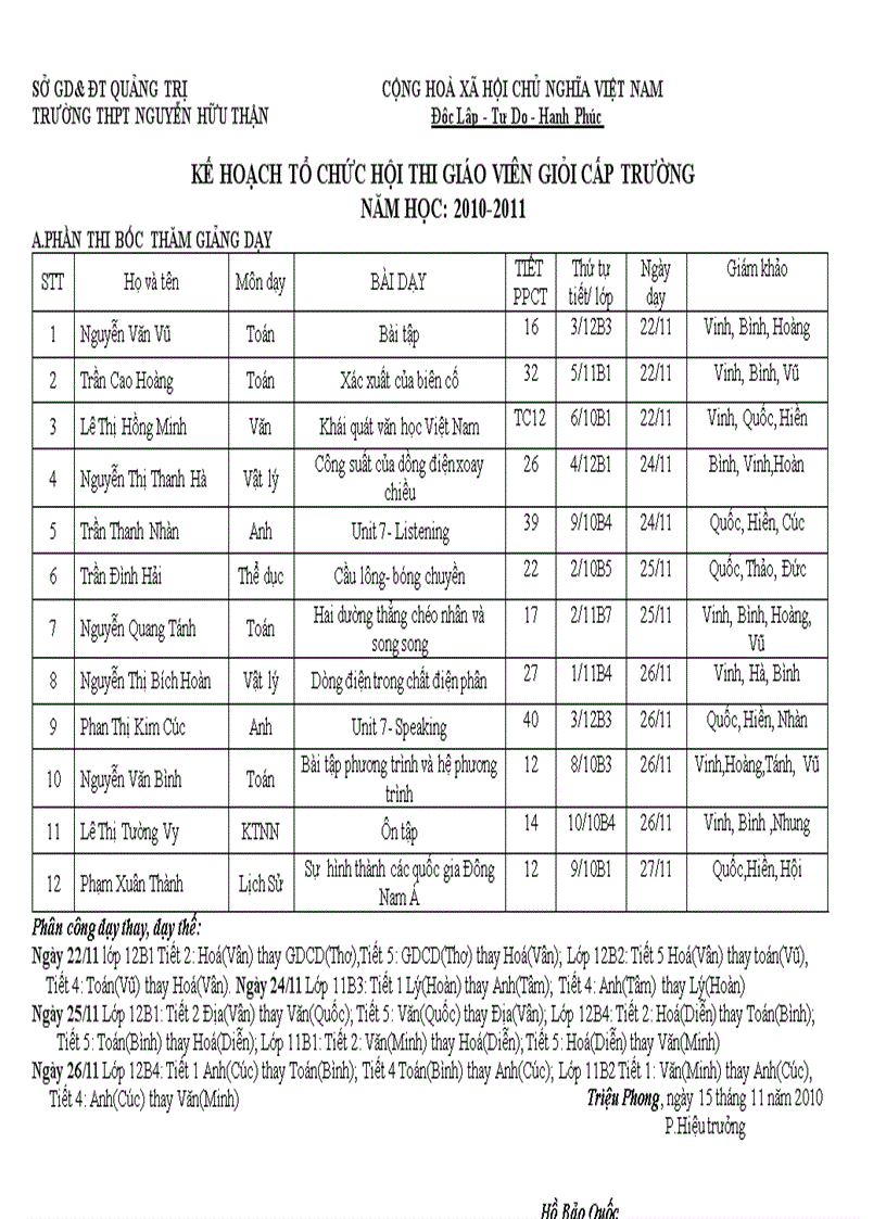 Lịch thi GV dạy giỏi Phần thi giảng bắt buộc