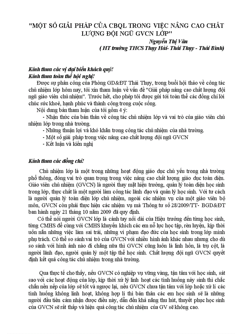 Một số giải pháp của CBQL treong việc nâng cao chất lượng đội ngũ giáo viên chủ nhiệm