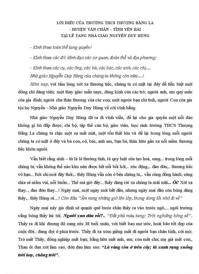 Lời điếu tiễn biêt thày giáo Nguyễn Duy Hùng trường THCS Thượng Bằng La huyện Văn Chấn Tỉnh Yên Bái