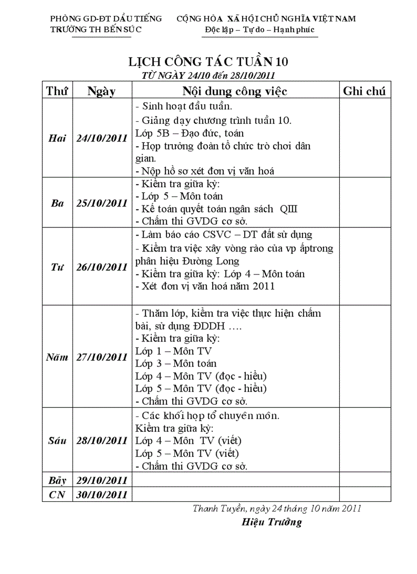 Lịch công tác tuần 10 NH 11 12